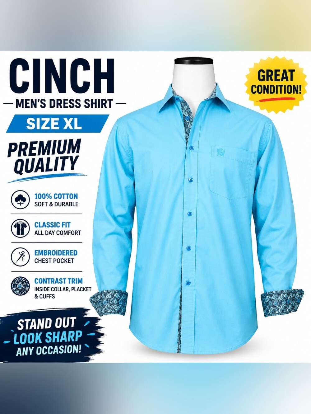 Cinch Men's Light Blue Button-Down Shirt Jacket with Printed Trim